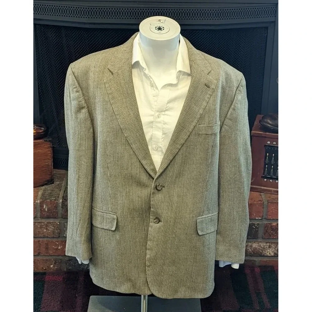 46R Lauren Ralph Lauren‎  Brown Black Tan Tooth 100% SILK Jacket Blazer Coat
